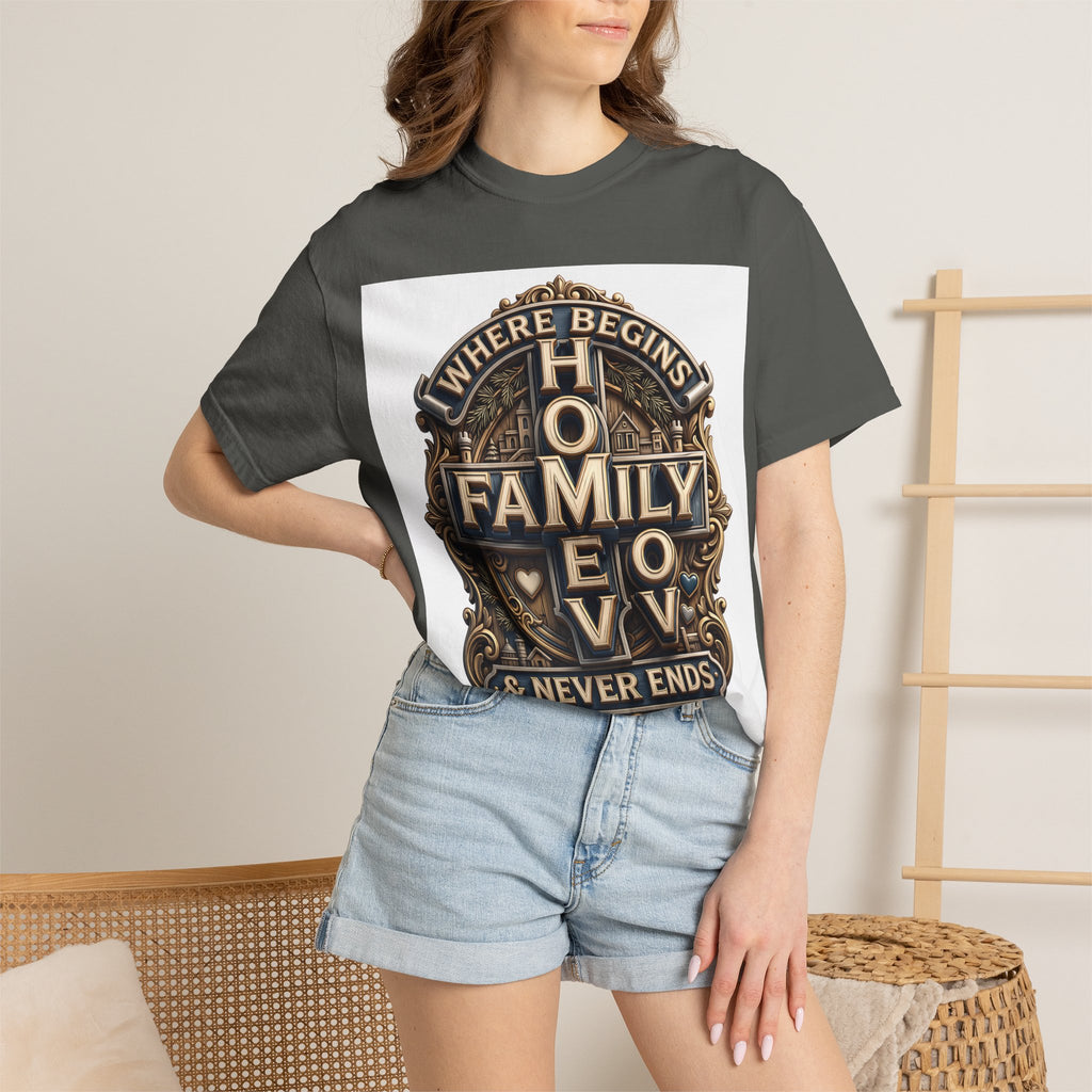 Woman wearing the Pepper dark charcoal home family love crest t-shirt with denim shorts