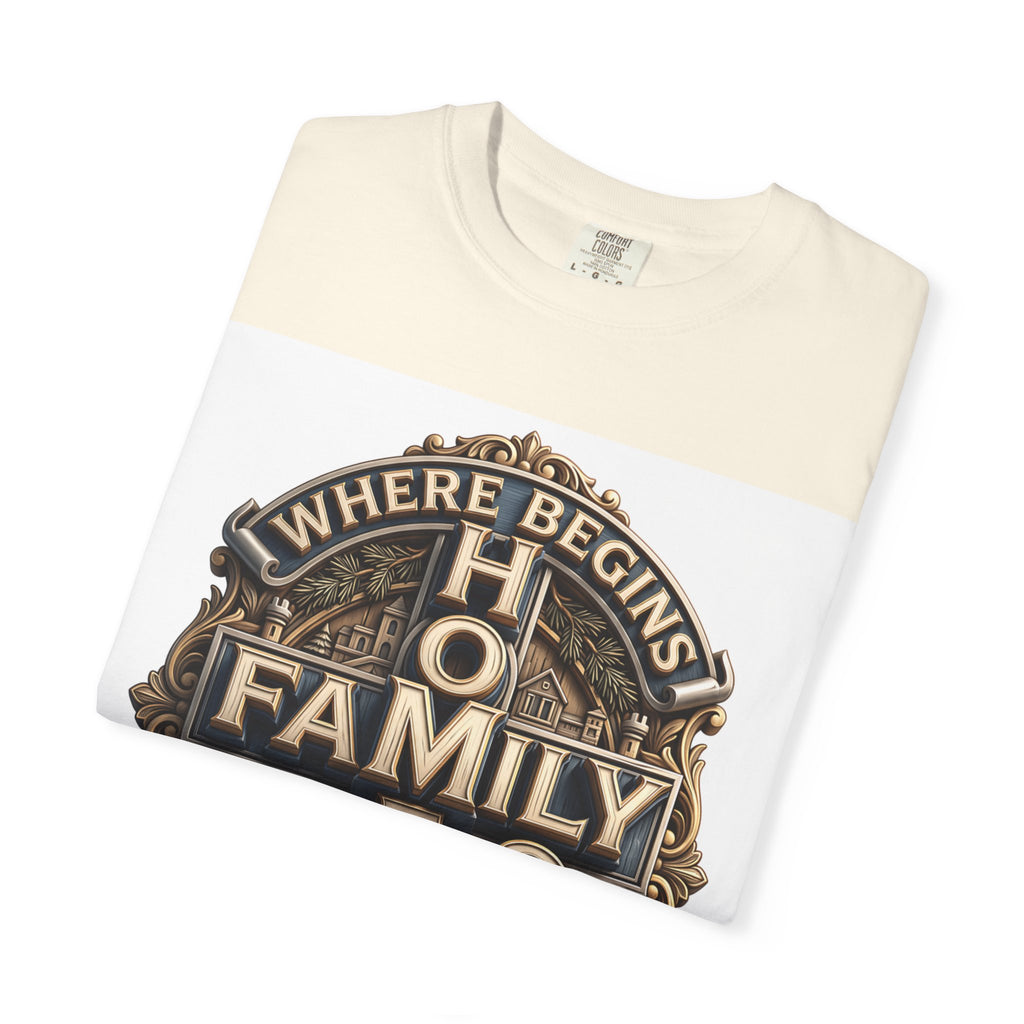 Ivory cream home family love crest t-shirt folded to show the print and the garment-dyed cotton