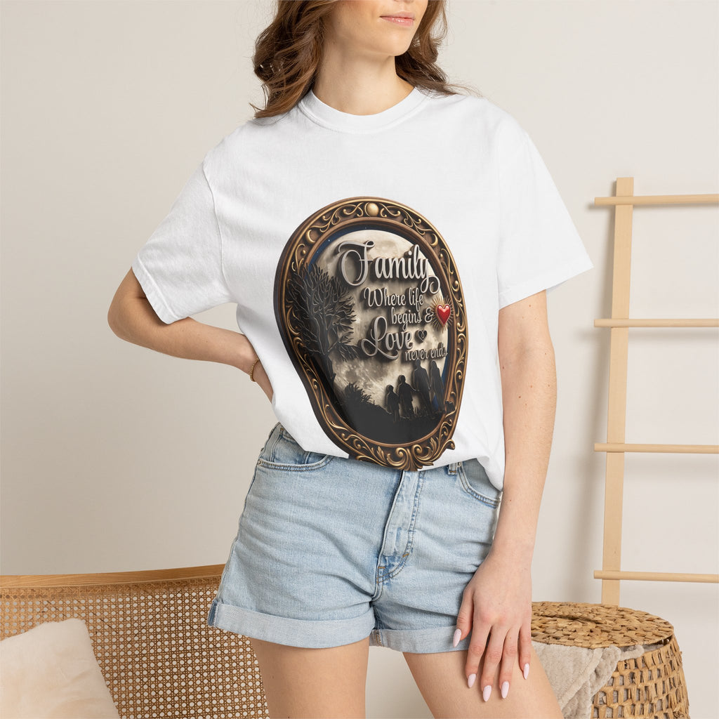 Woman wearing the white family and love oval frame t-shirt with denim shorts