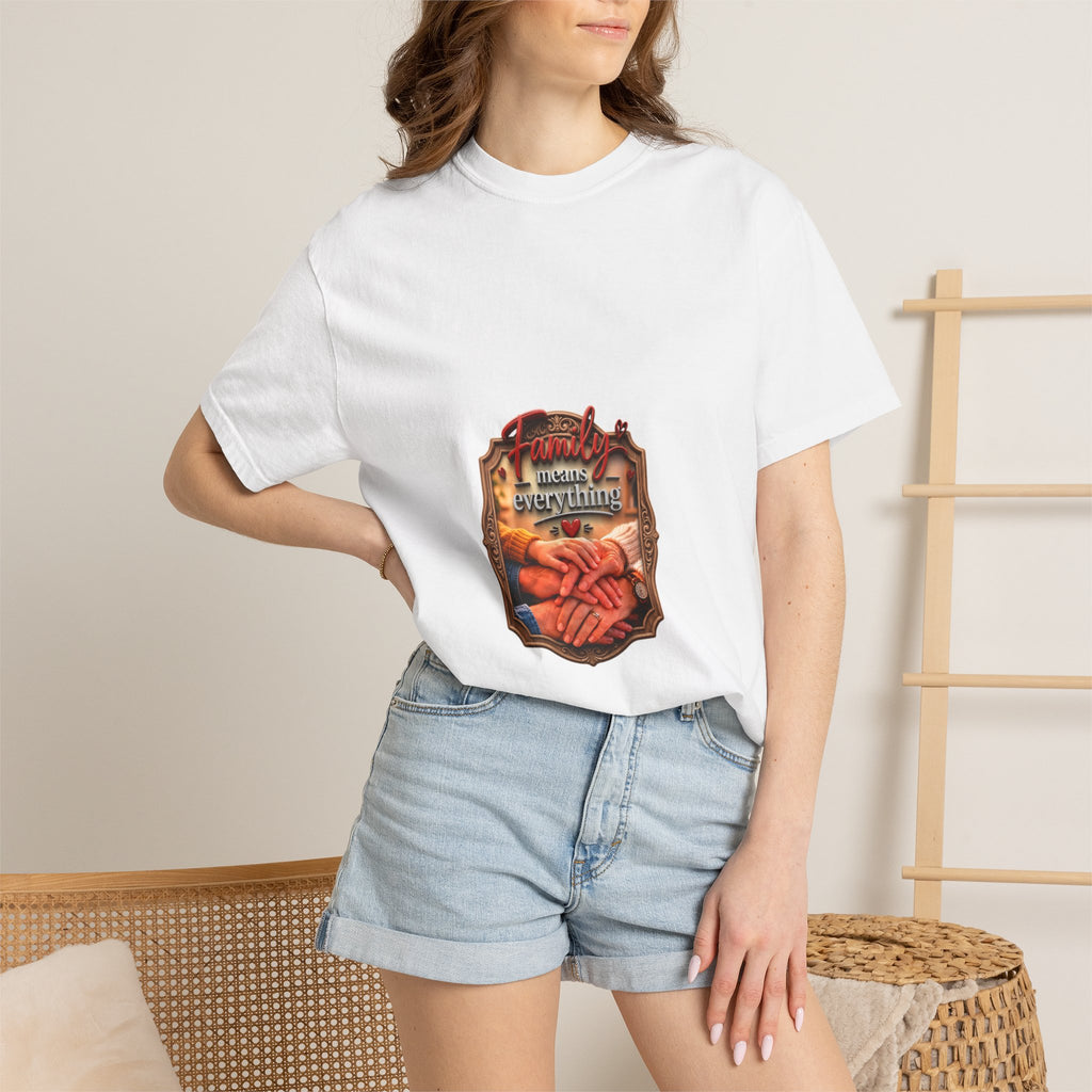 Woman wearing the white Family means everything t-shirt with denim shorts