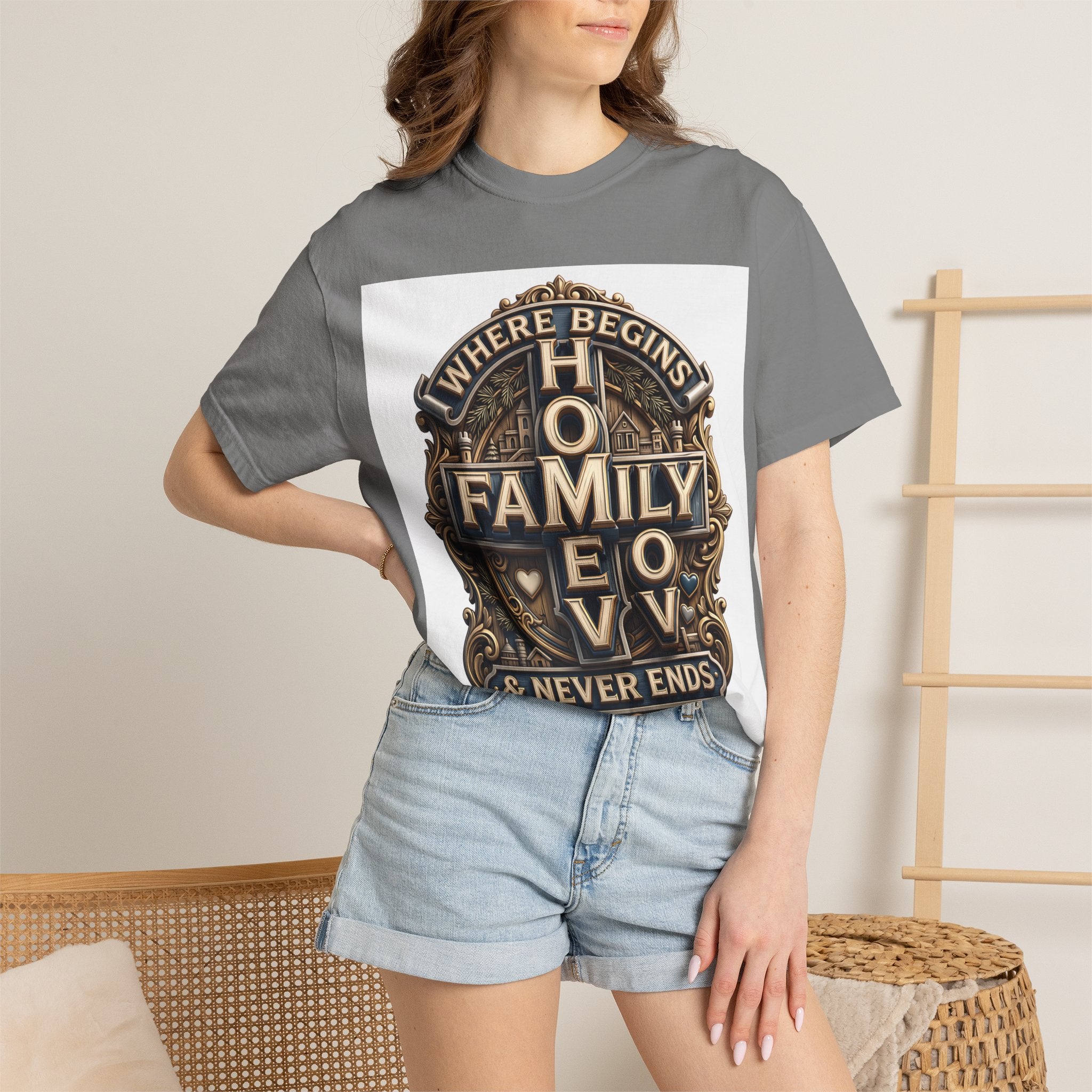 Woman wearing the grey home family love crest t-shirt with denim shorts