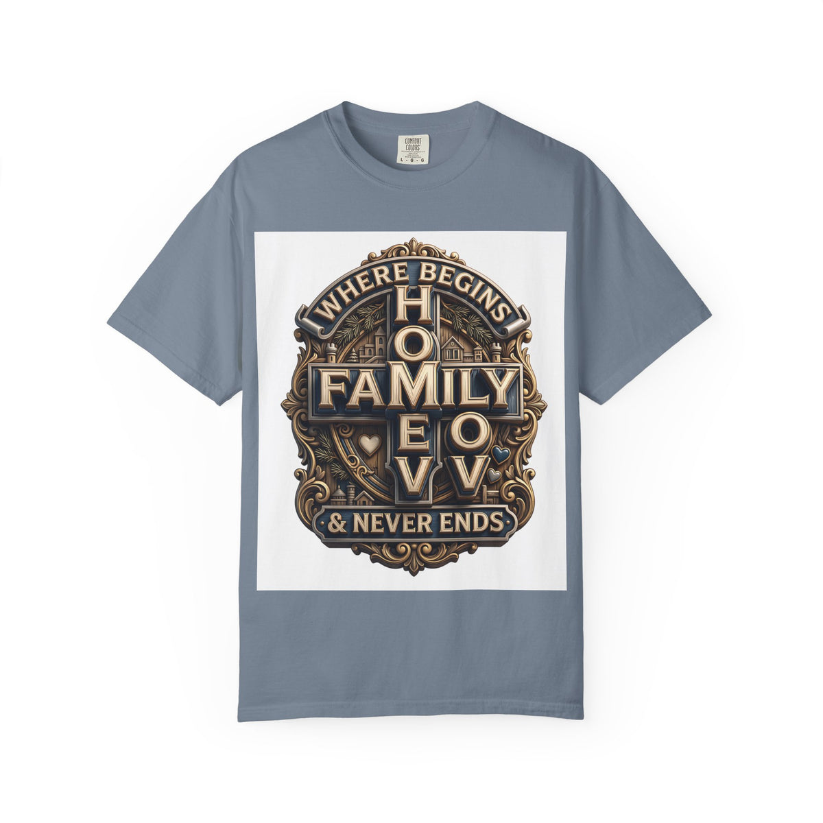 Blue Jean slate blue garment-dyed unisex t-shirt with the home family love vintage crest printed on the chest
