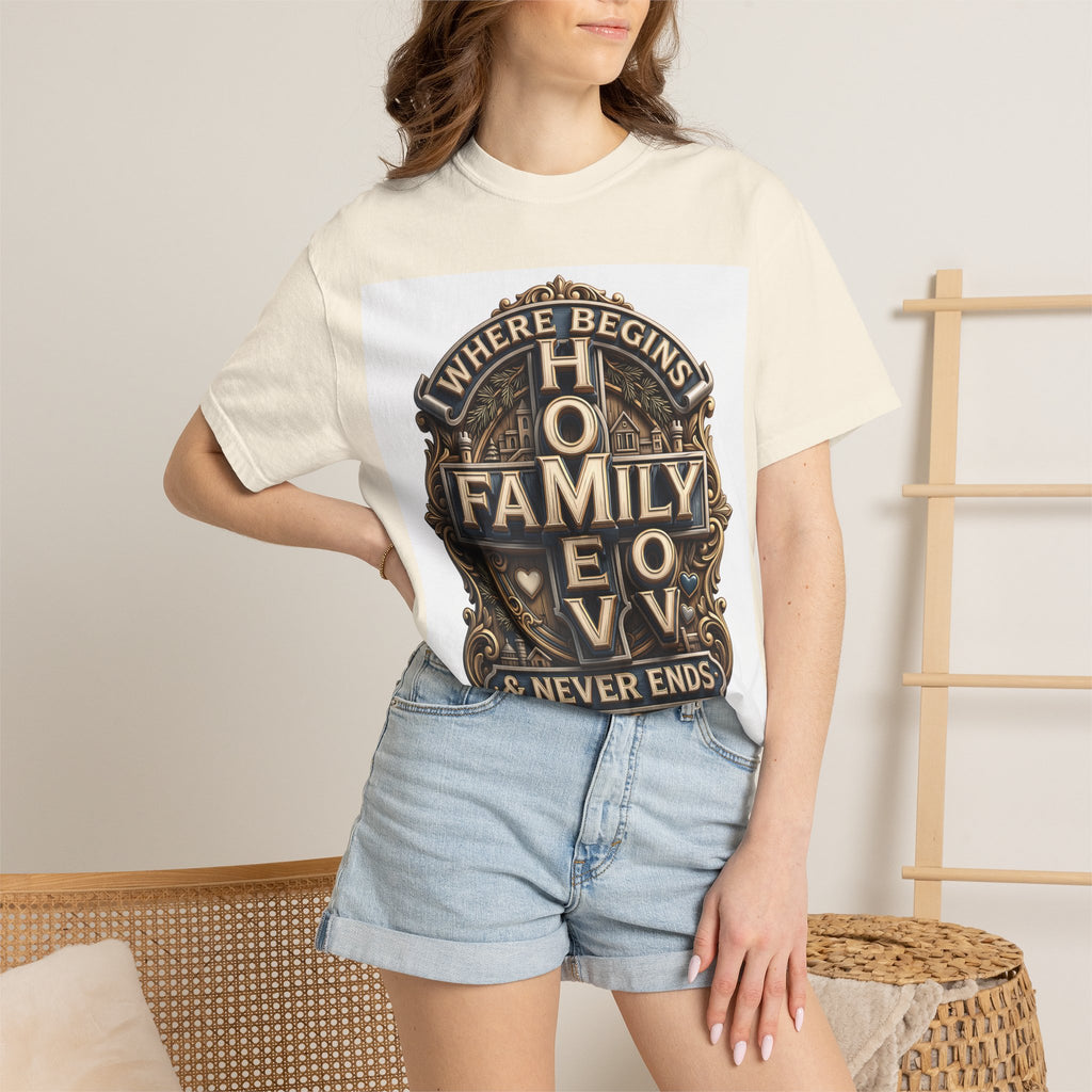 Woman wearing the ivory cream home family love crest t-shirt with denim shorts
