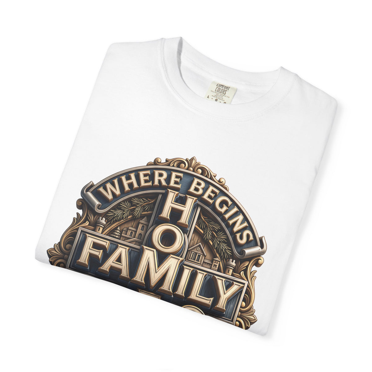 White home family love crest t-shirt folded to show the print and the garment-dyed cotton