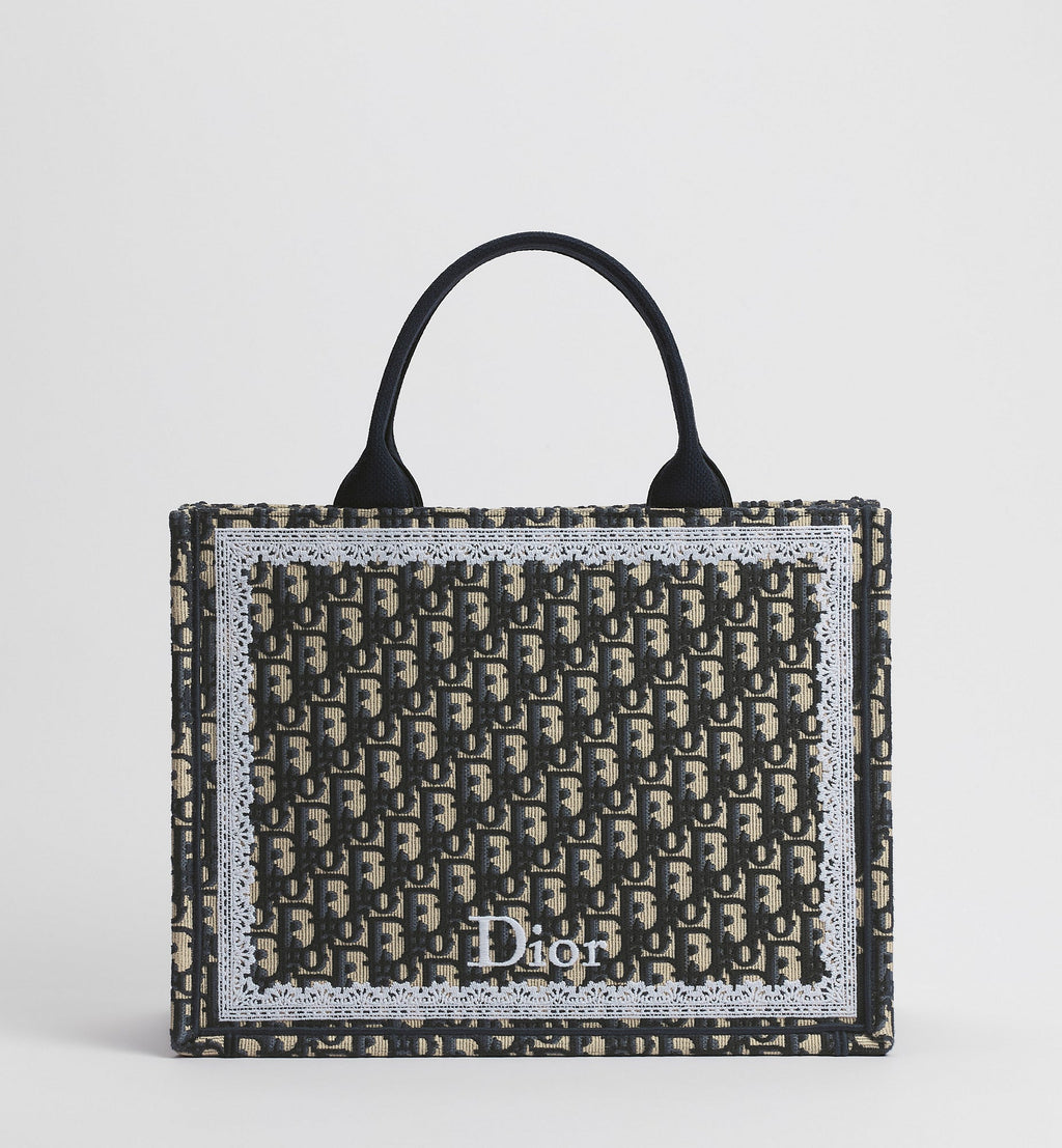 Med Book Designer Tote Bag With Latte & Gray Oblique Embroidery & White Lace & Strap For Women