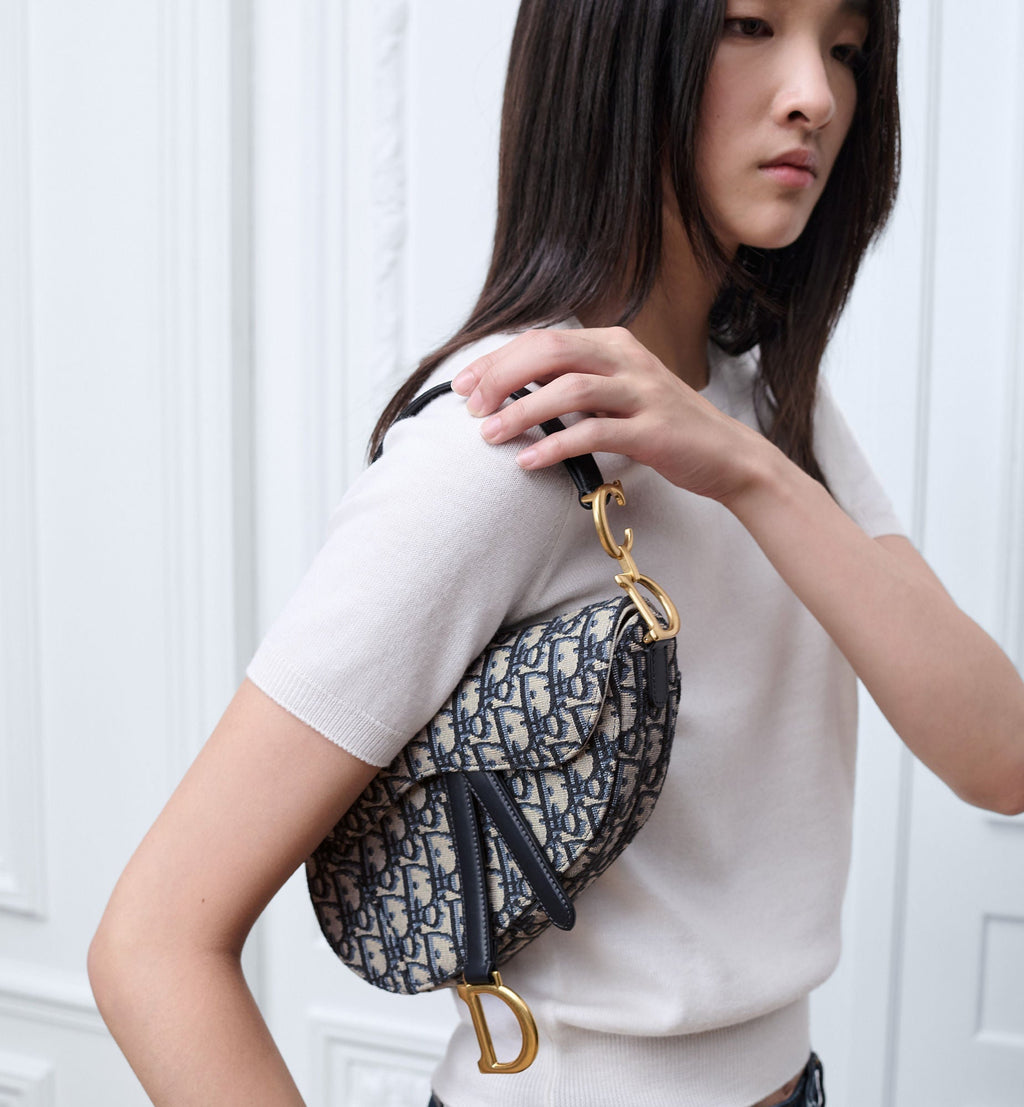 Small Saddle Luxury Handbag With Blue Oblique Jacquard And Strap For Women