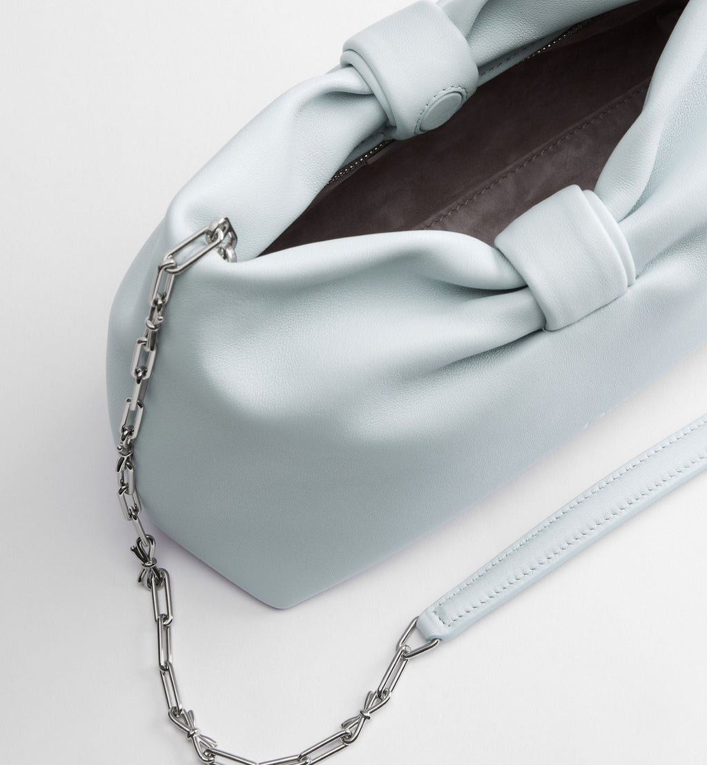 Small Bow Luxury Handbag With Ice Blue Lambskin And Chain Strap For Women