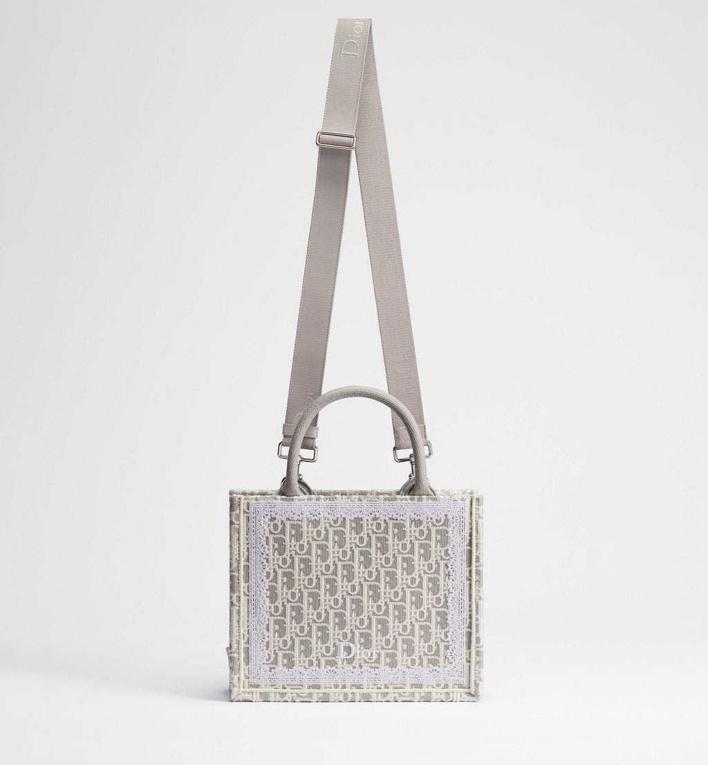 Small Book Designer Tote Bag With Strap In Latte And Gray Oblique Embroidery And White Lace For Women