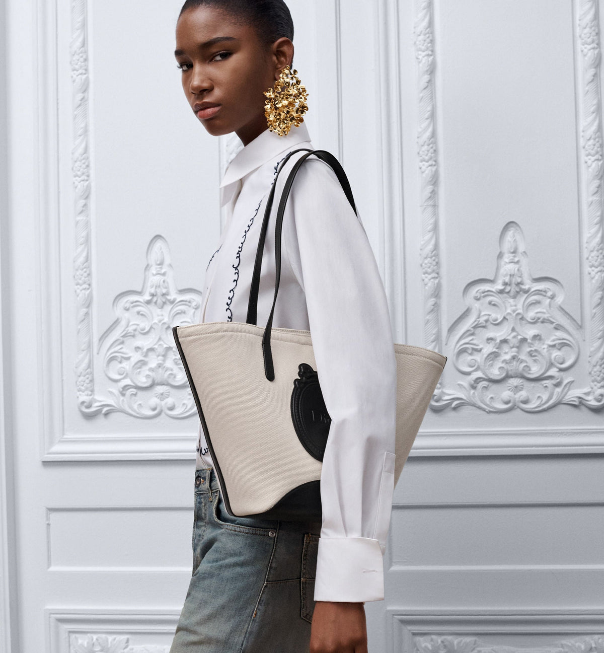 Black & Beige Calfskin & Cotton Tote Bag product image 2