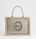Medium Book Designer Tote Bag With Beige Painted Ribbon Embroidery And Shoulder Strap For Women