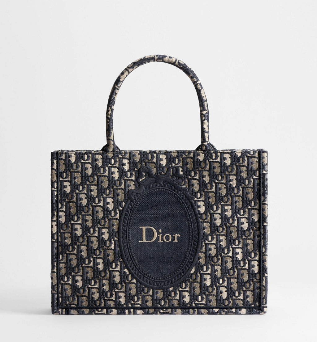 Medium Dior Book Designer Tote Bag With Blue Oblique Jacquard And Embroidered Médaillon