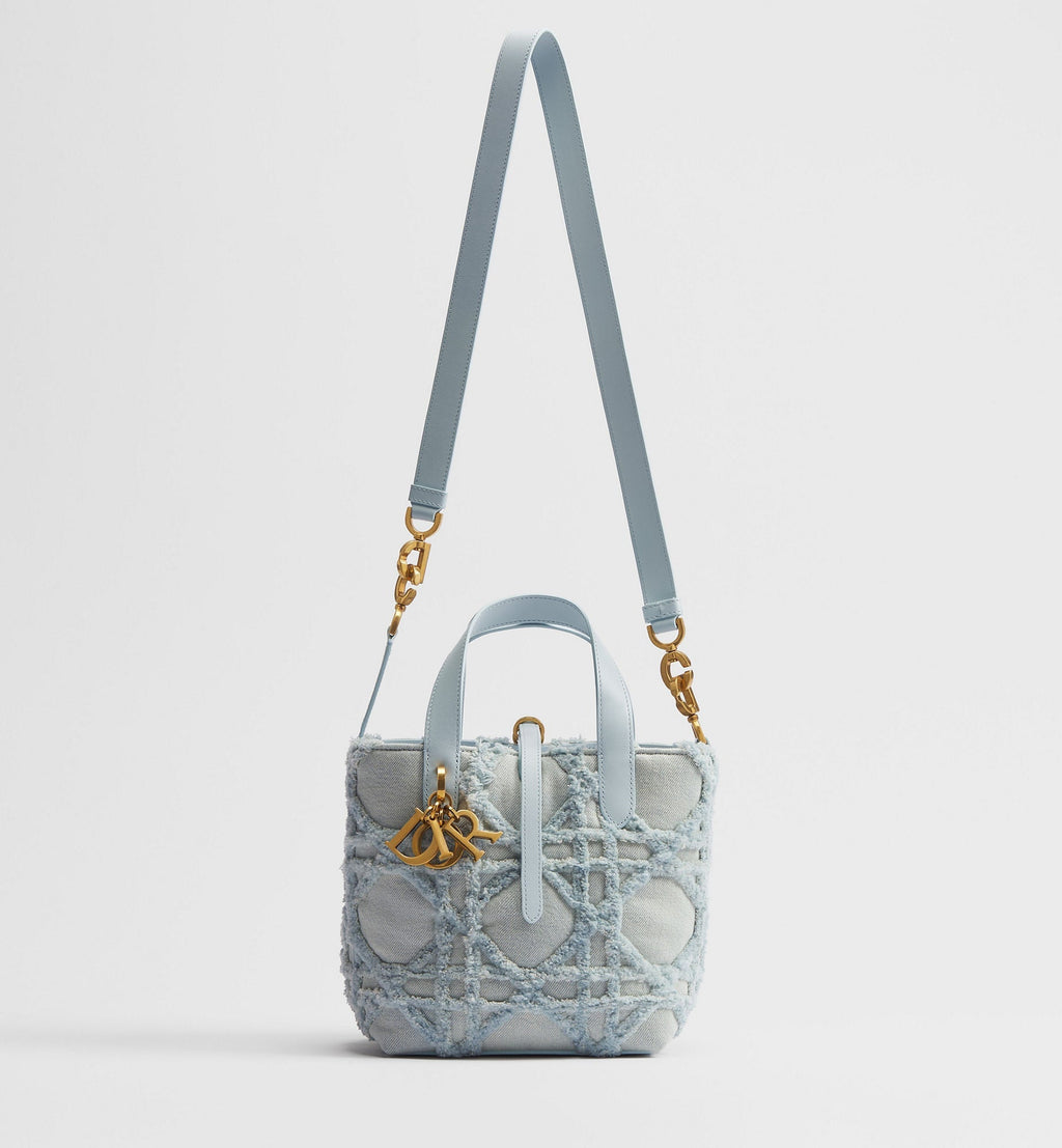 Small Toujours Vertical Designer Shoulder Tote With Blue Cannage Denim And Strap For Women