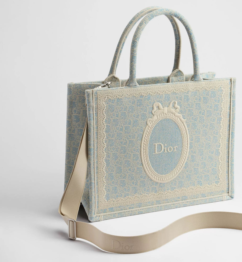 Medium Book Designer Tote Bag With Céleste Blue Washed Embroidery And Shoulder Strap For Women