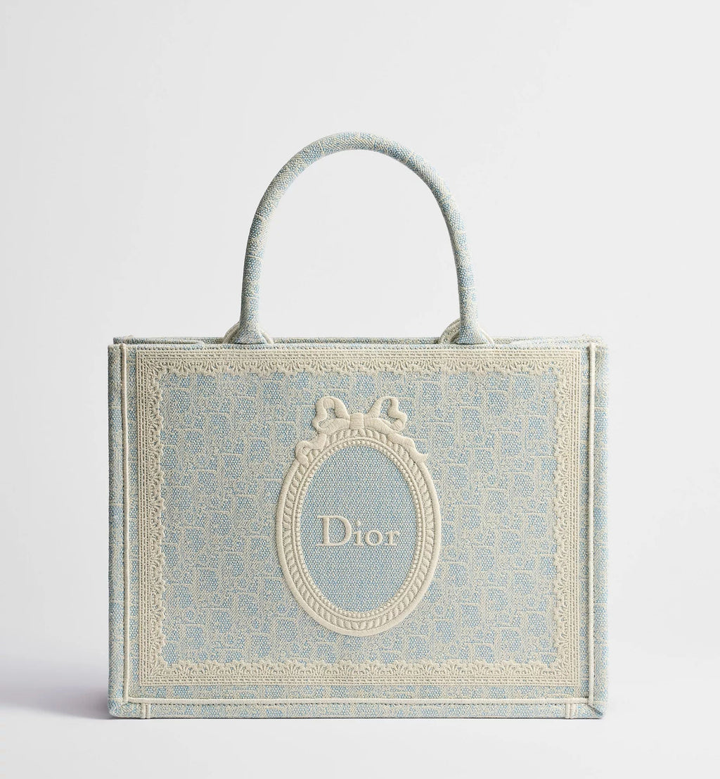 Medium Book Designer Tote Bag With Céleste Blue Washed Embroidery And Shoulder Strap For Women