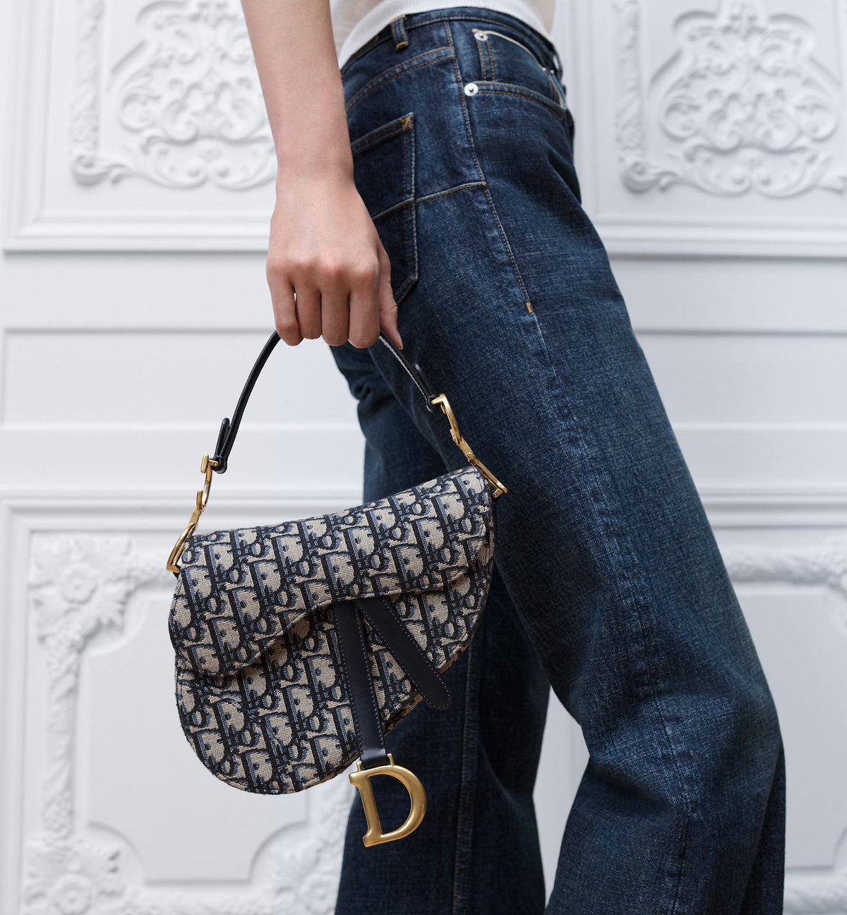 Small Saddle Luxury Handbag With Blue Oblique Jacquard And Strap For Women