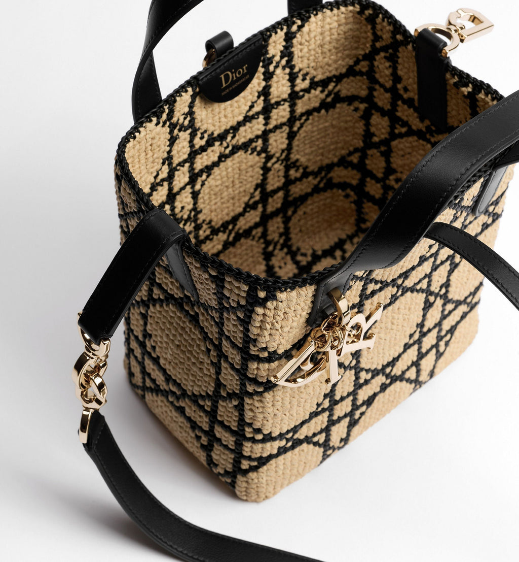 Small Toujours Designer Tote Bag With Macrocannage Raffia And Black Calfskin And Strap For Women