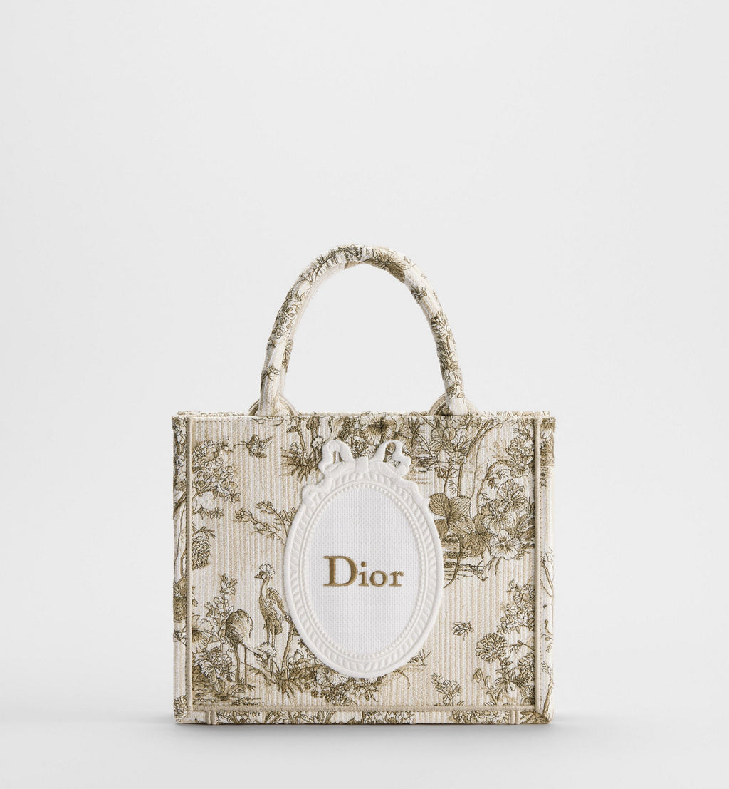 Small Book Designer Tote Bag With Beige Multicolor Toile De Jouy Floral Garden Embroidery And Strap For Women