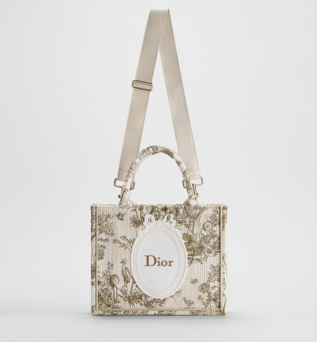 Small Book Designer Tote Bag With Beige Multicolor Toile De Jouy Floral Garden Embroidery And Strap For Women