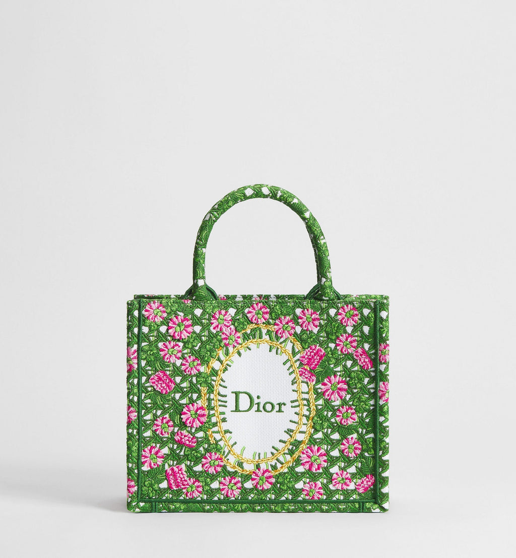 Small Book Designer Tote Bag With Multicolor Cannage Garden Embroidery And Strap For Women