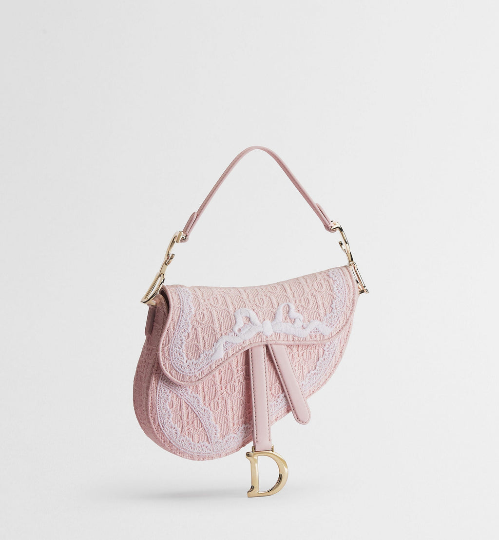 Small Saddle Luxury Handbag With Soupir Pink Oblique Embroidery And White Lace And Strap For Women