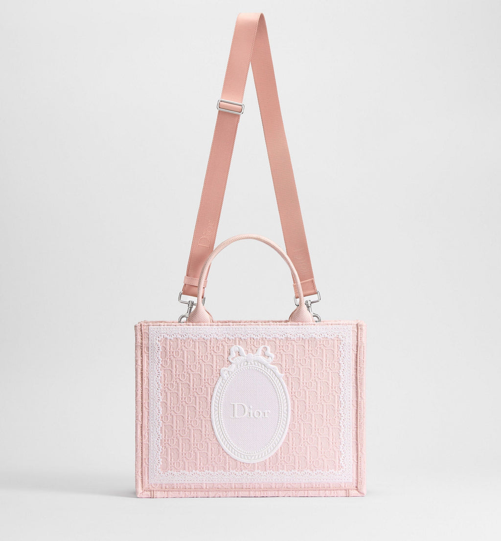 Medium Book Designer Tote Bag With Soupir Pink Oblique Embroidery And Strap For Women