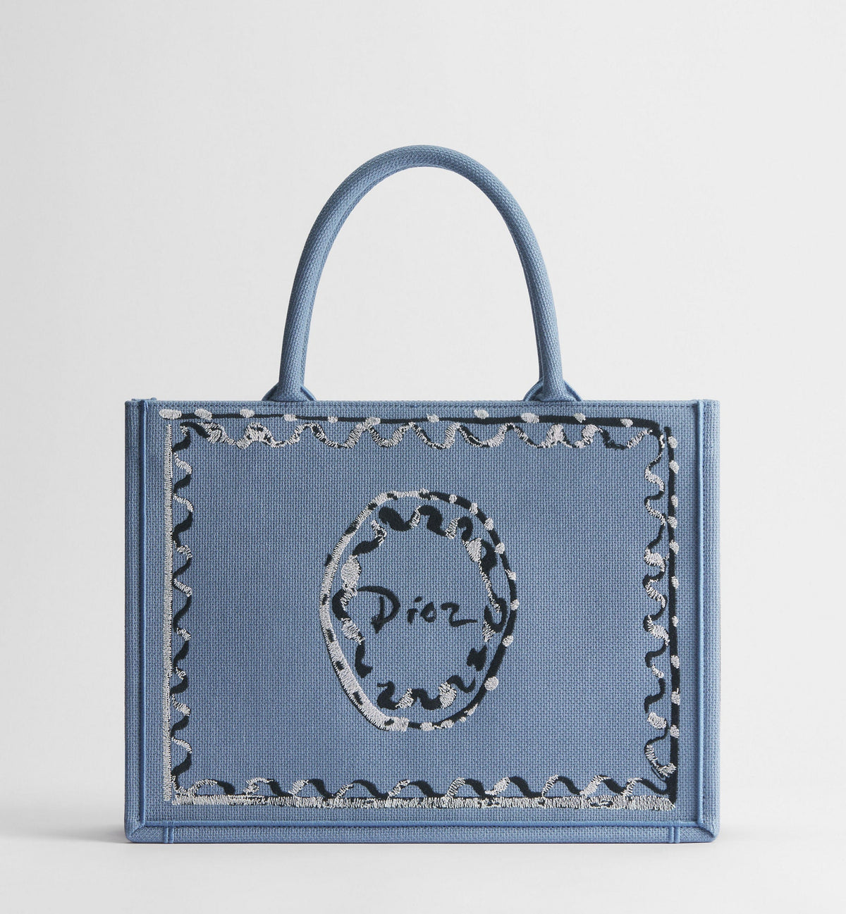 Medium Book Designer Tote Bag With Blue-Greige Painted Ribbon And Shoulder Strap For Women