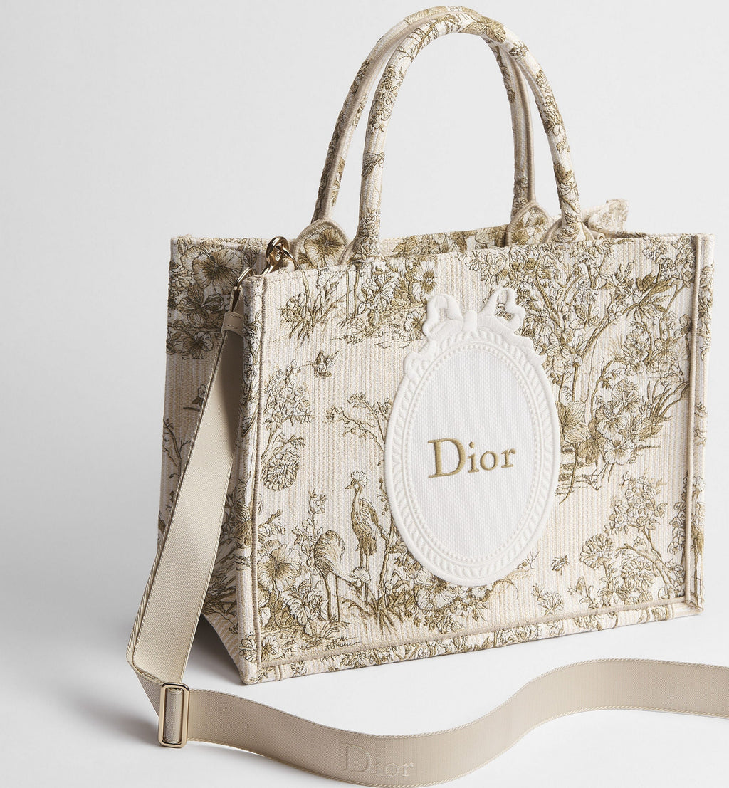 Medium Book Designer Tote Bag With Toile de Jouy Garden Embroidery And Strap For Women