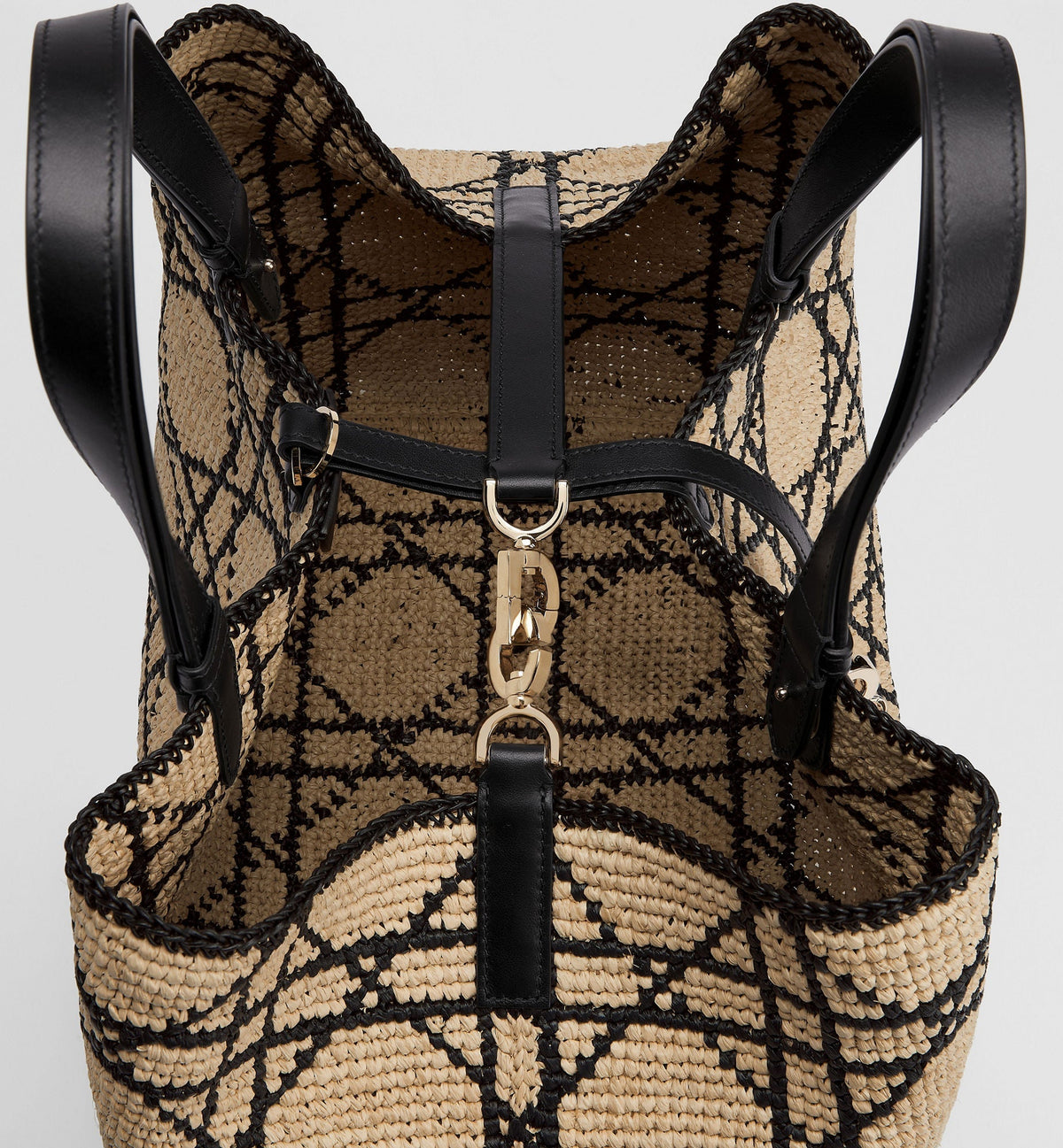 Large Toujours Luxury Handbag With Natural and Black Macrocannage Raffia and Black Calfskin