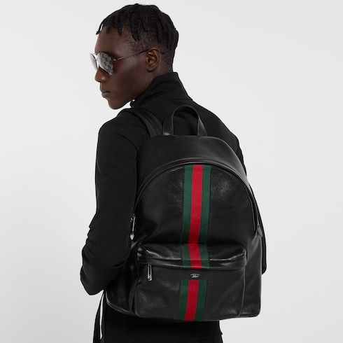 Large Backpack With Soft Leather And Web Intarsia For Men
