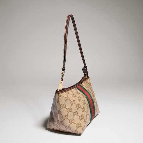 Small Designer Pouch With Strap And Web GG Coated Canvas