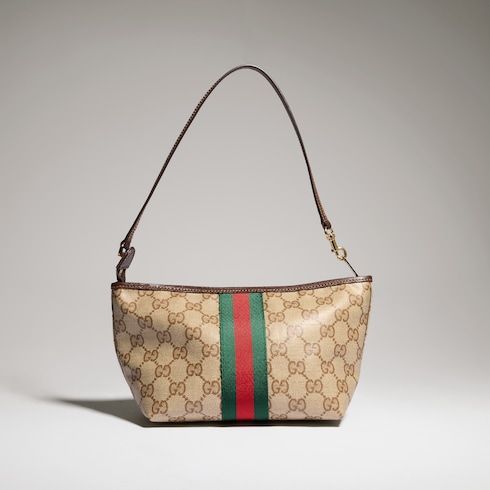 Small Designer Pouch With Strap And Web GG Coated Canvas