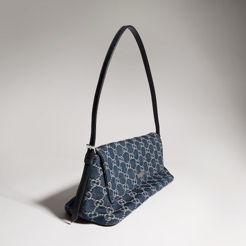 Madison Medium Shoulder Luxury Handbag With GG Denim And Logo Plaque For Women