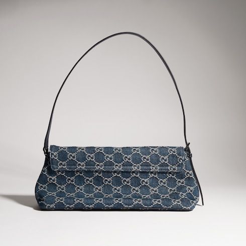 Madison Medium Shoulder Luxury Handbag With GG Denim And Logo Plaque For Women