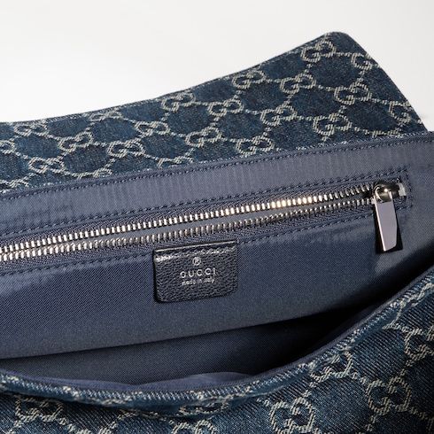 Madison Medium Shoulder Luxury Handbag With GG Denim And Logo Plaque For Women