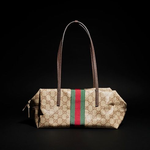 Medium Boston Luxury Handbag With Web GG Coated Canvas