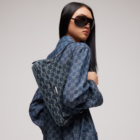 Madison Medium Shoulder Luxury Handbag With GG Denim And Logo Plaque For Women