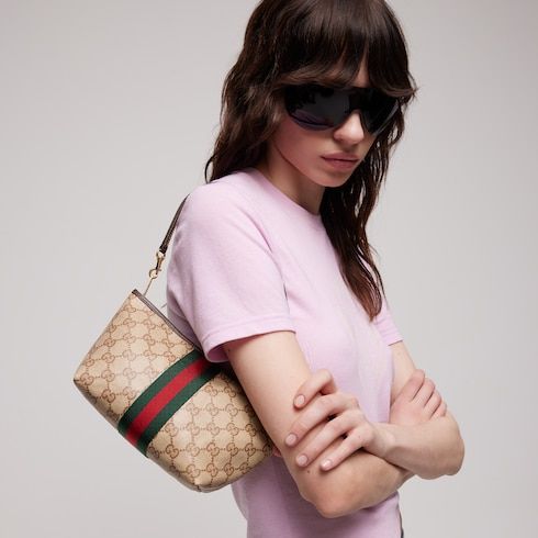 Small Designer Pouch With Strap And Web GG Coated Canvas