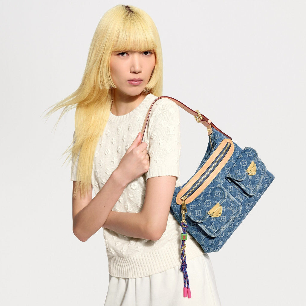 Luxury Handbaggy NM Blue Denim Cowhide-Leather Trim Gold-Toned Hardware