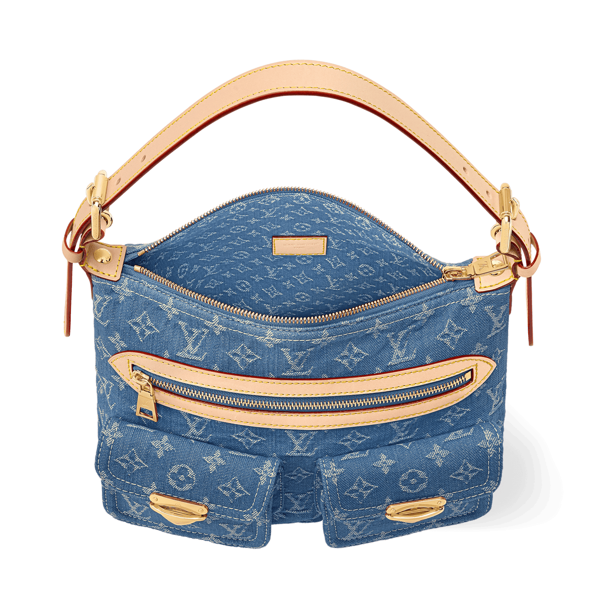 Luxury Handbaggy NM Blue Denim Cowhide-Leather Trim Gold-Toned Hardware
