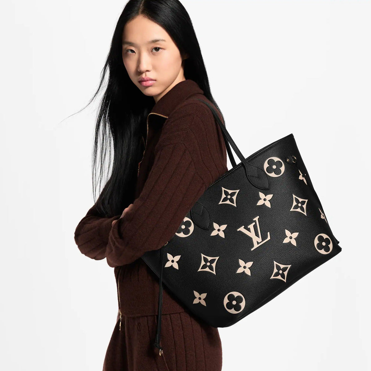 Neverfull MM Black Beige Monogram Empreinte Leather Tote Bag M58907 For Women