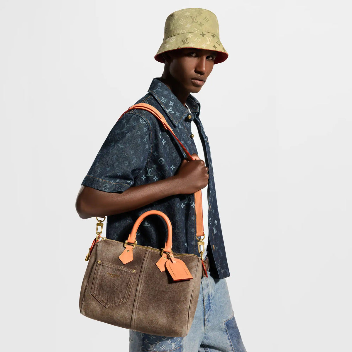 Brown Cowhide Leather & Denim Handbag product image 6